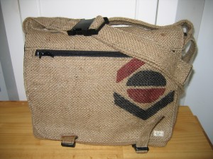 Upscale messenger bag made from recycled burlap coffee sack