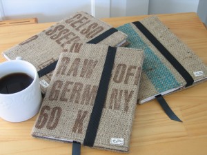 Journal covers from recycled burlap coffee sacks