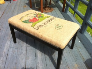 Sitting bench ulpholstered with recycled bulap coffee sack